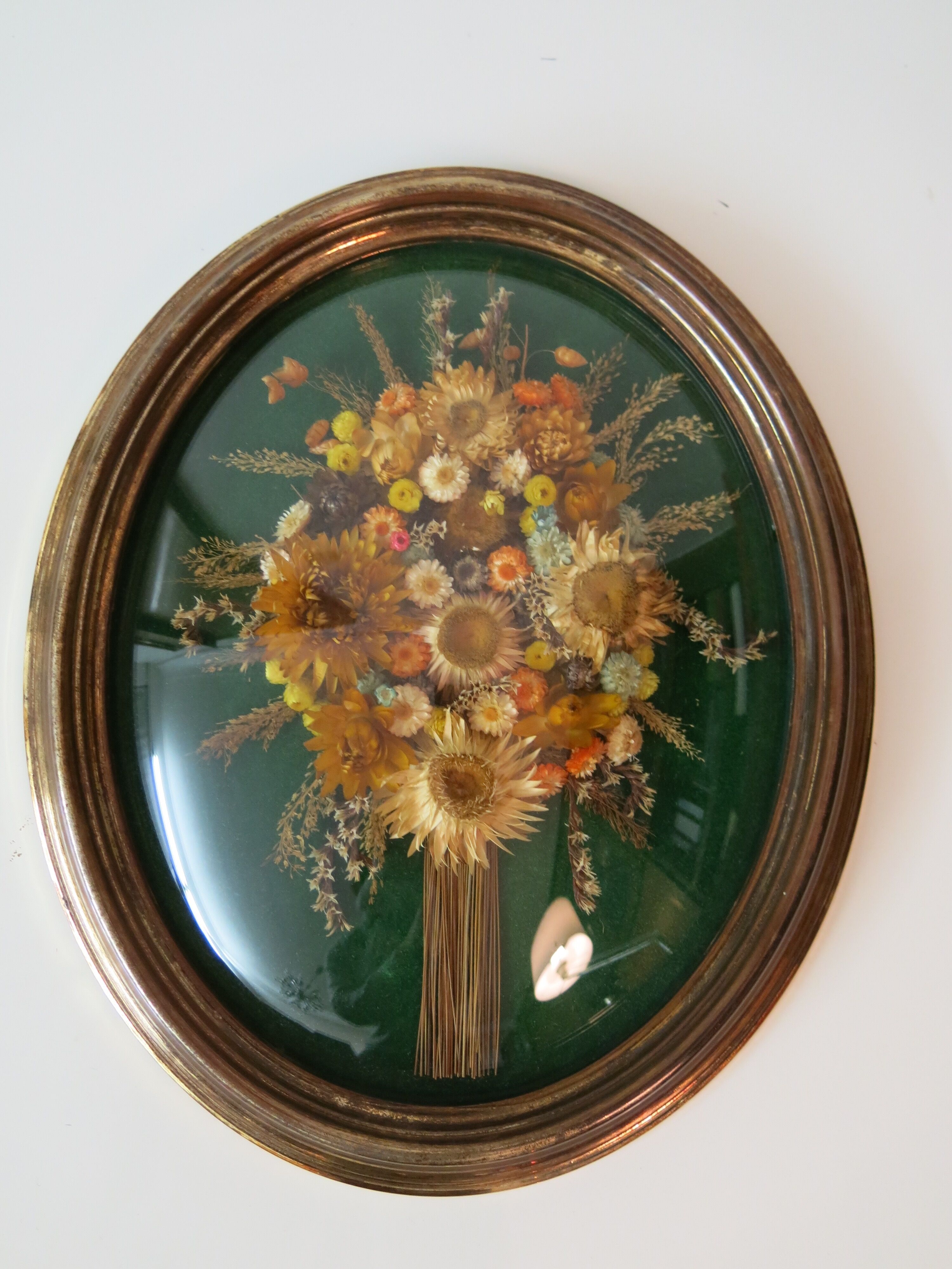 Domed glass frame with its bouquet of dried flowers