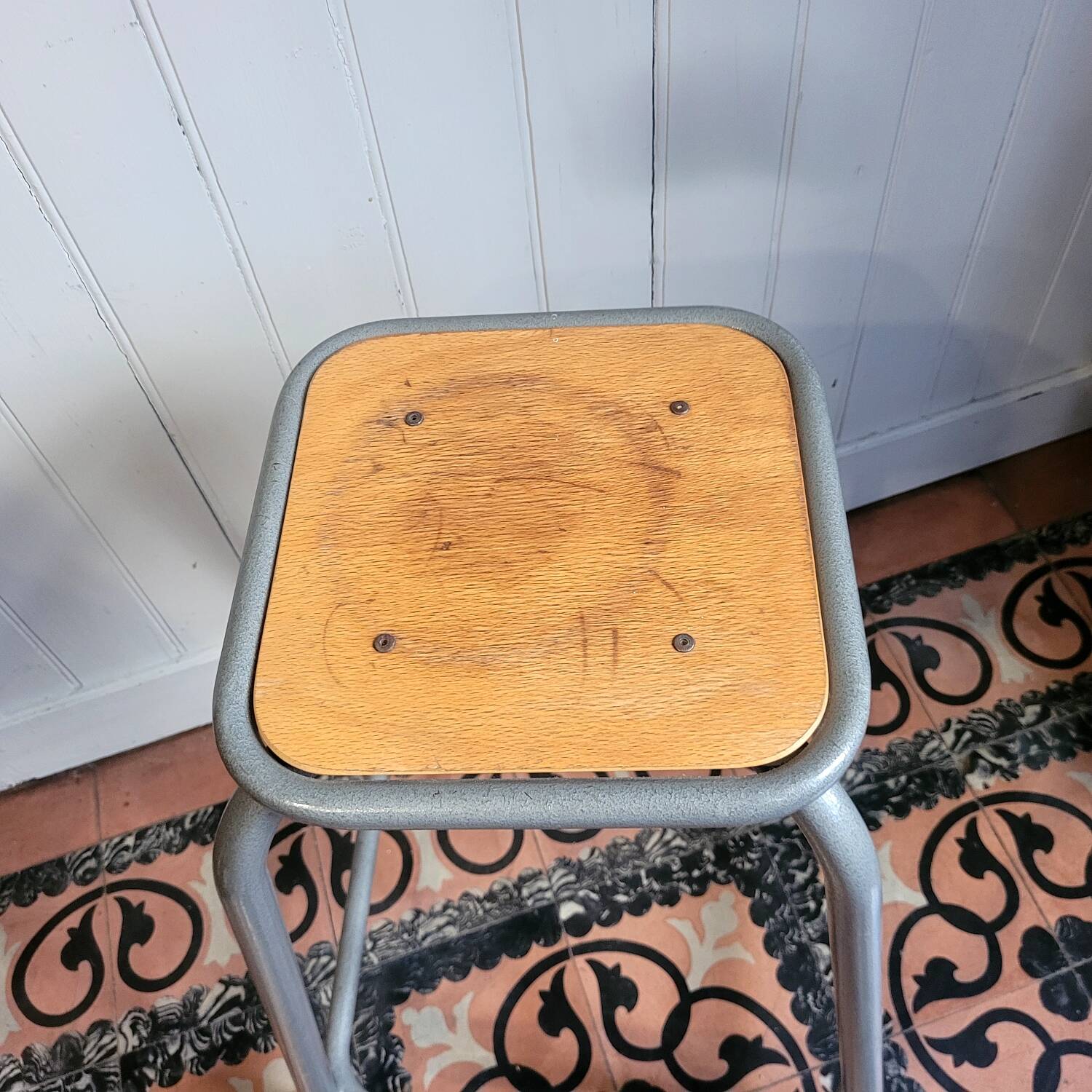 Vintage high stool in wood and metal