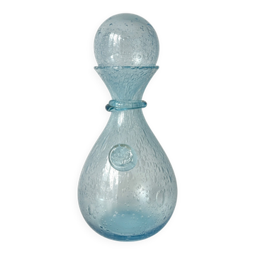 Vintage 1960s blue bubble glass BIOT carafe