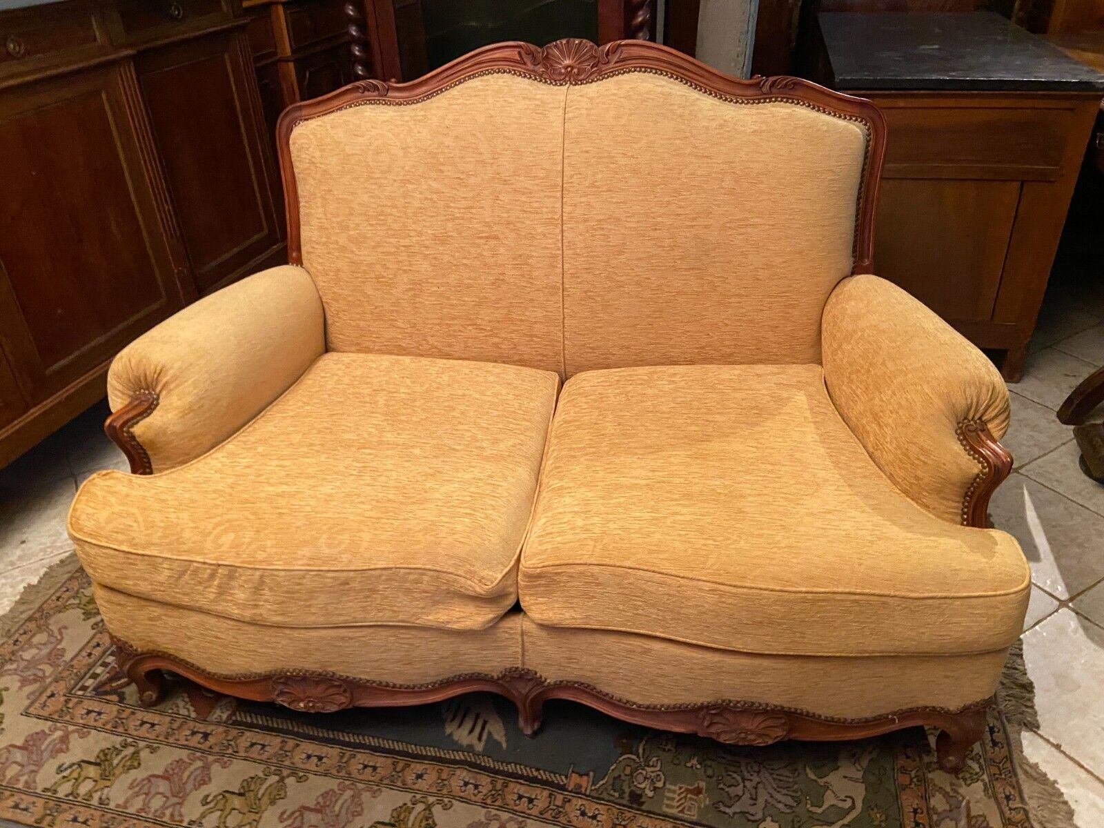 Sofa 2 places convertible sleeping 90x190 cherry Louis XV yellow velvet