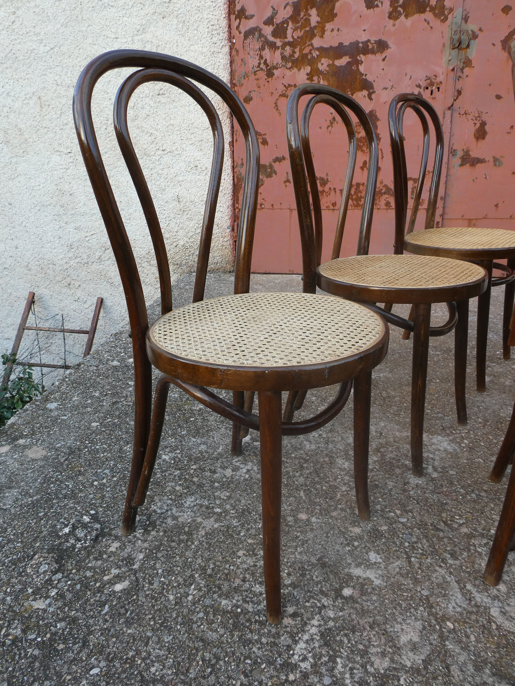 Set of 6 bistro chairs canned in curved wood N°18