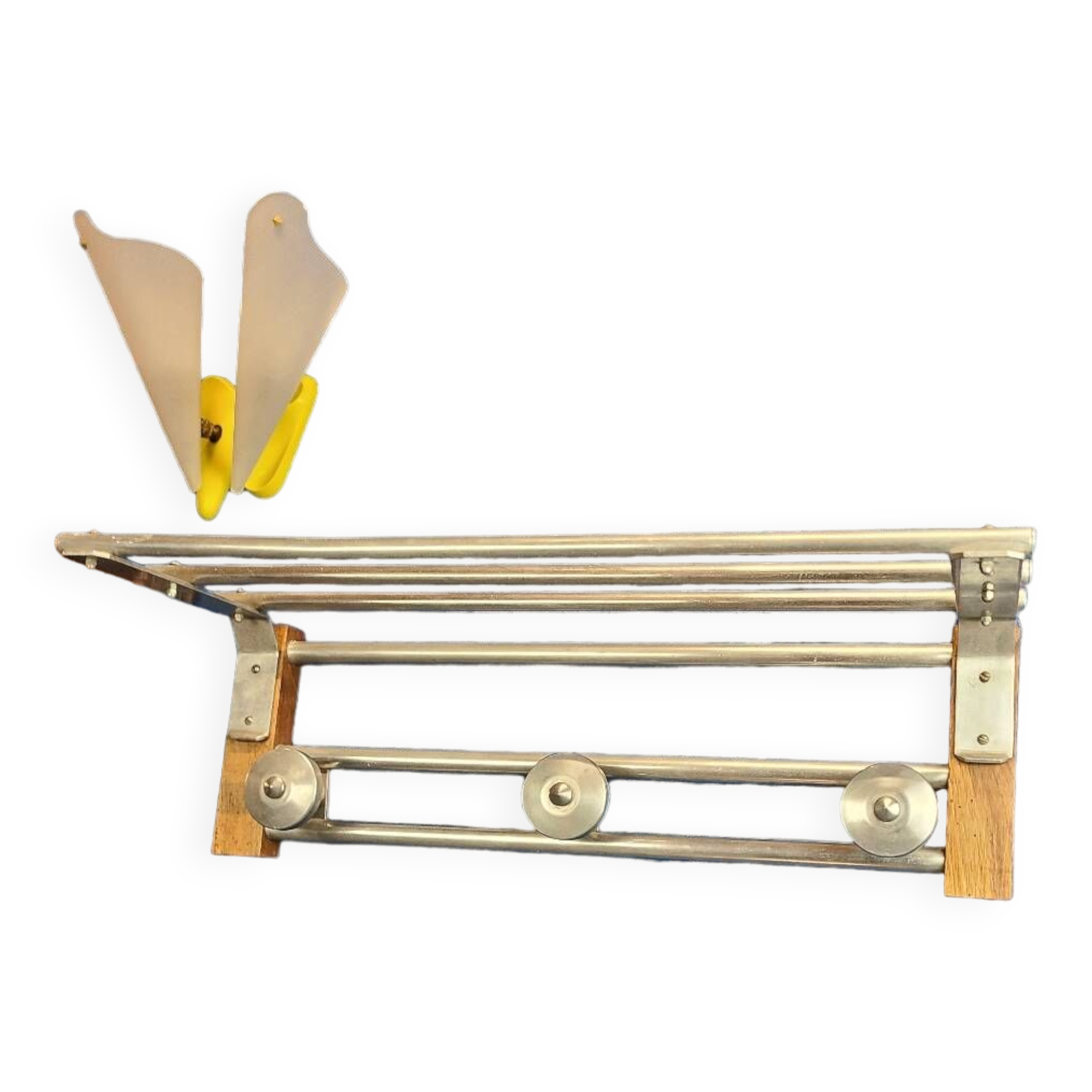 Coat rack, oak, vintage aluminum