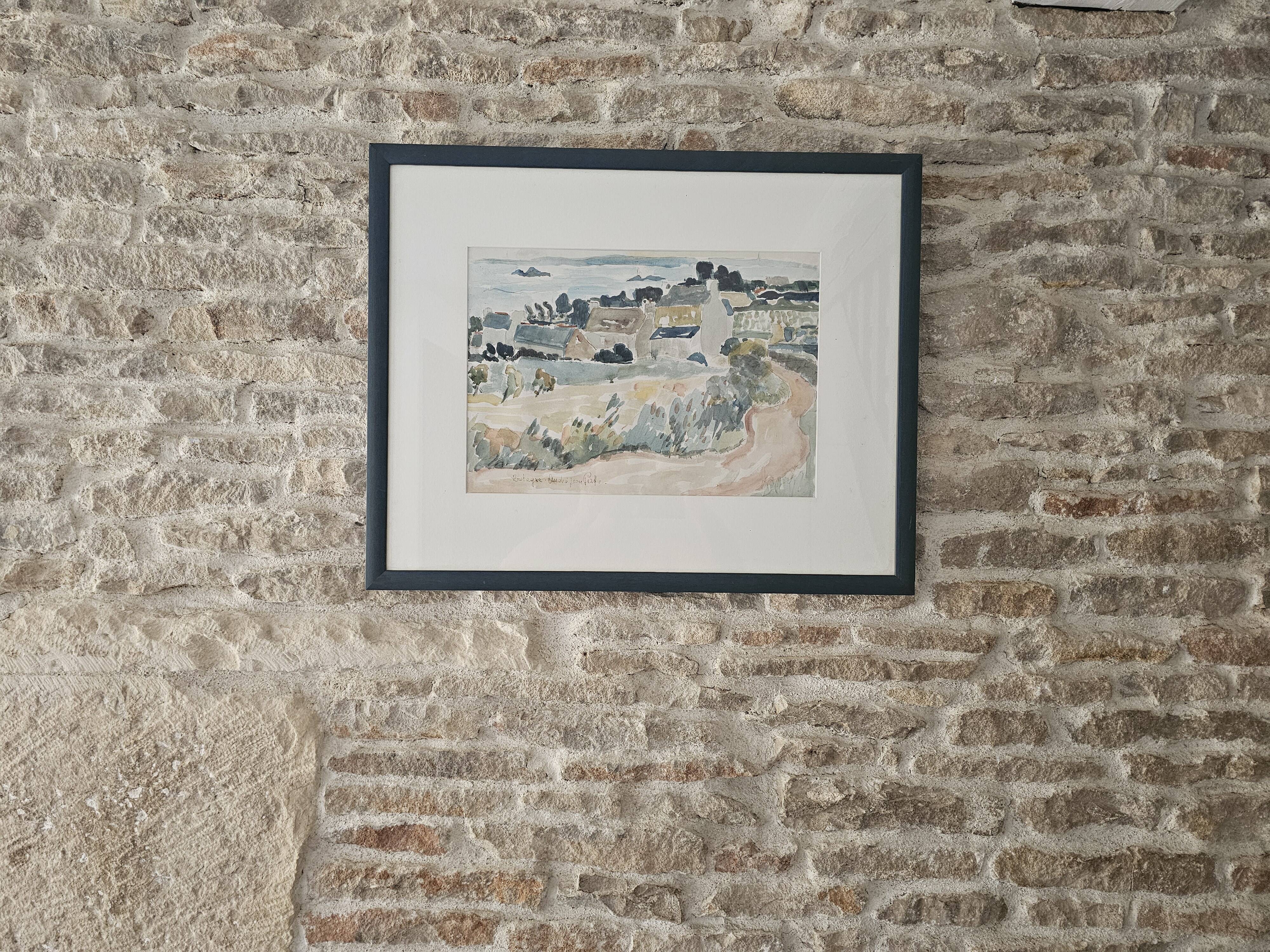 Tableau - Watercolour Landscape Brittany - Breton village - Signed André Jean Co