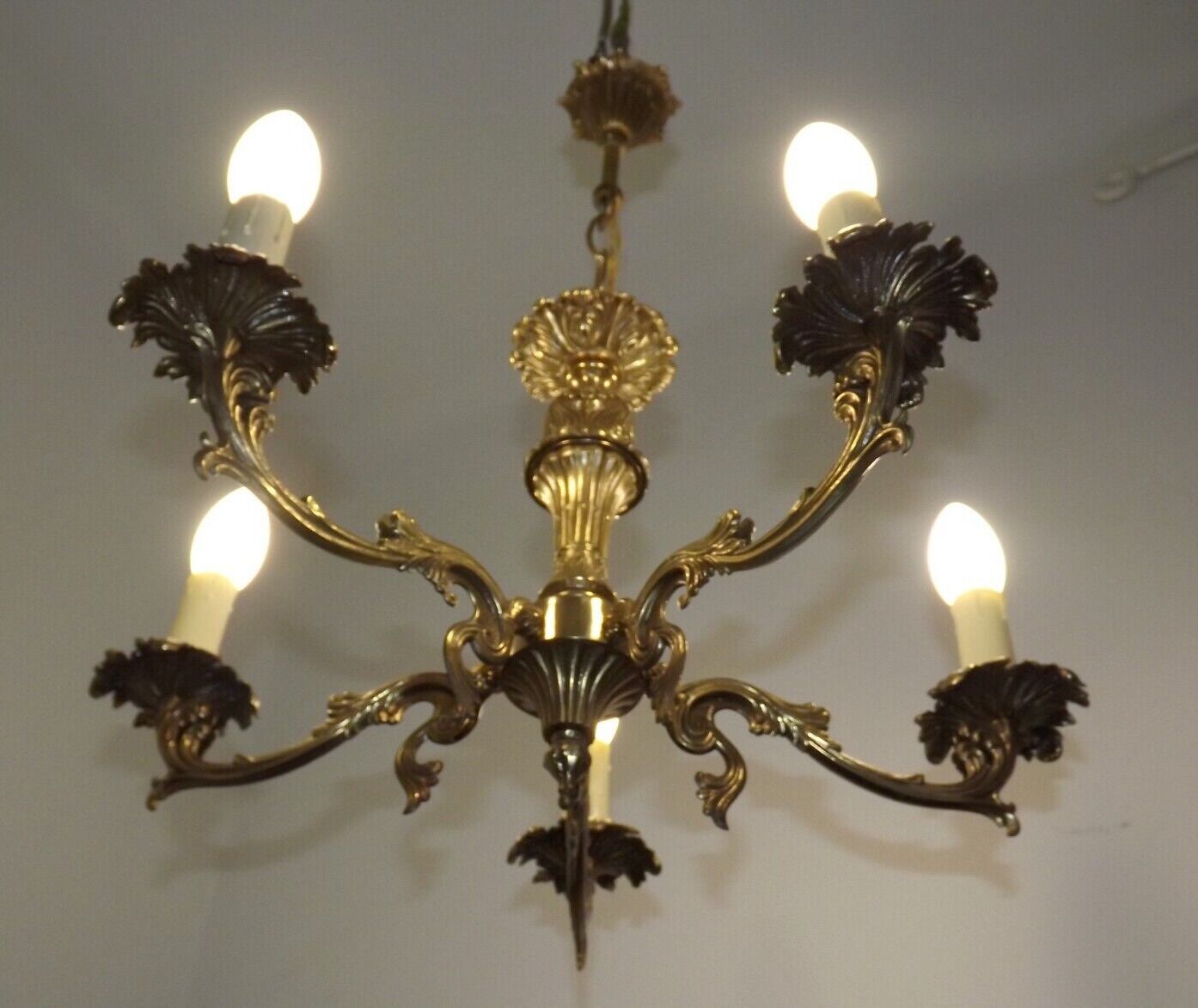 Vintage french bronze 5 light chandelier with leaf detail 3936