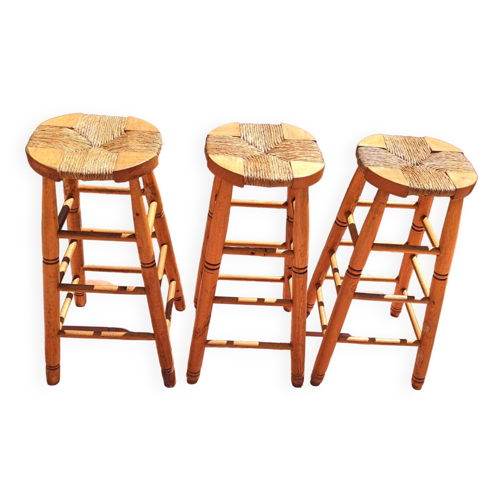 Set de 3 Tabourets paillés hauts « modernistes » vintage années 50