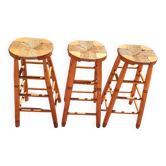 Set de 3 Tabourets paillés hauts « modernistes » vintage années 50