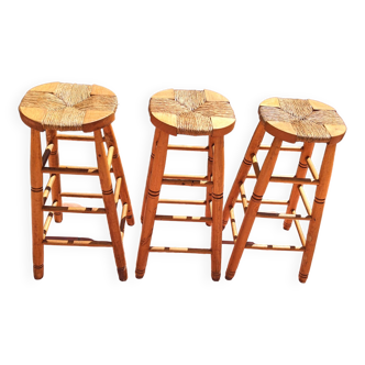 Set of 3 high “modernist” straw stools vintage 1950s