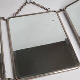 Antique triptych barber's mirror, metal frame and imitation leather back, 1930