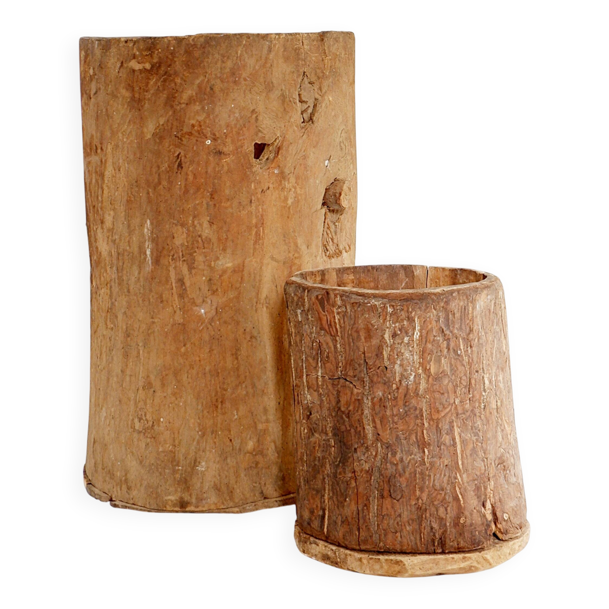 Set of 2 primitive wooden pots - late 19th century