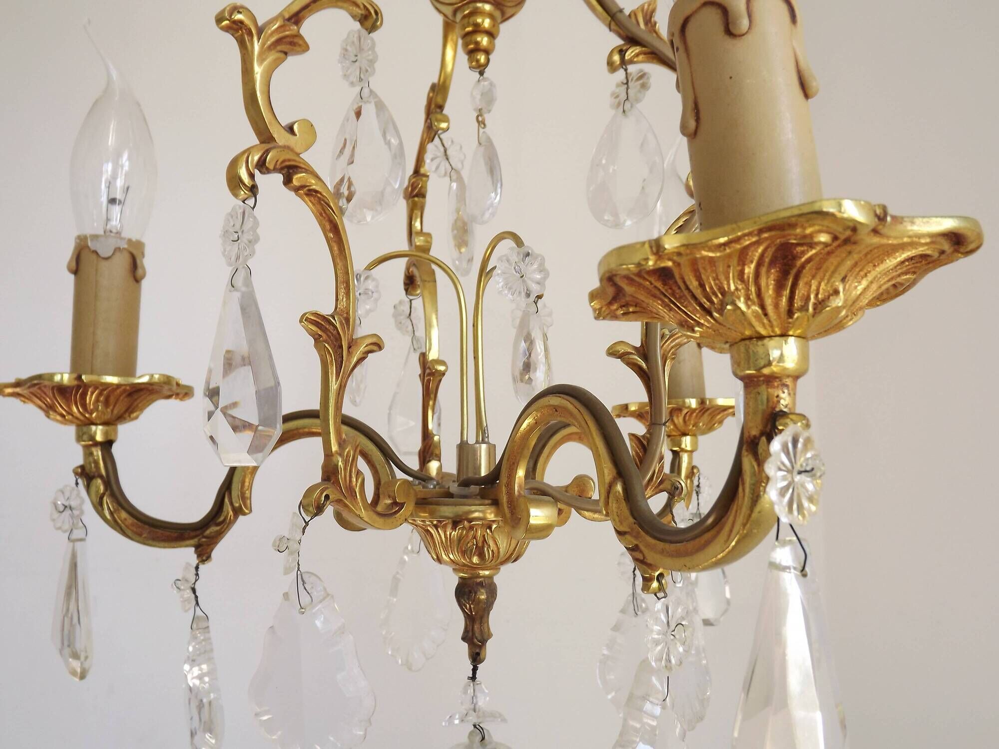 French Vintage Brass Mid Century 3 Light 3 Sided Crystal Cage Chandelier