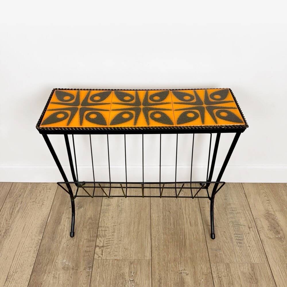Porte-revues céramique orange et métal années 70