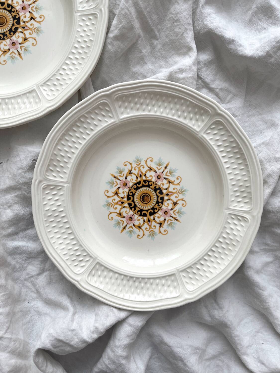 2 ivory “Pont aux Choux” soup plates, Gien earthenware