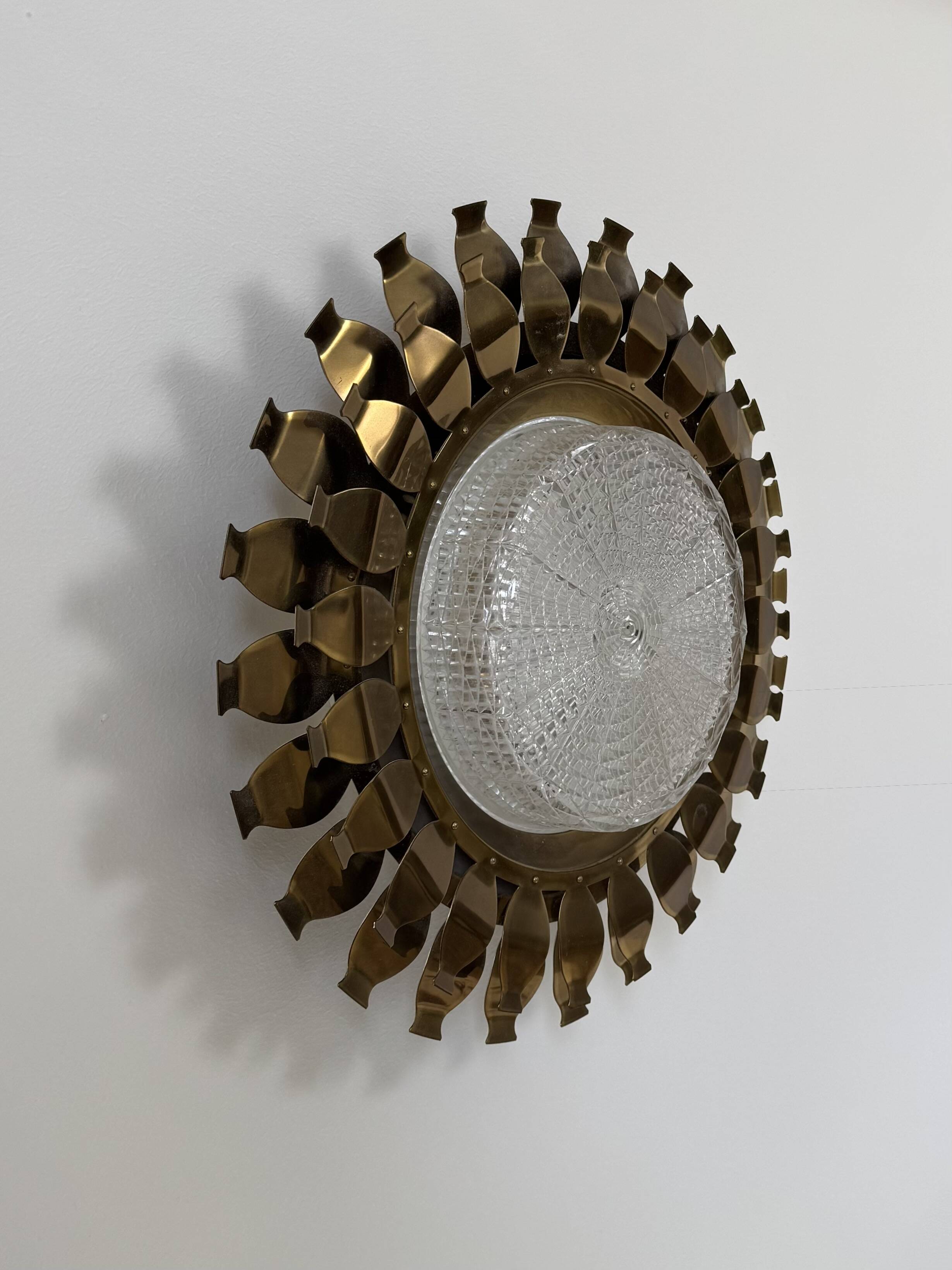 Vintage brass and pressed glass wall light, Sweden, 1960.