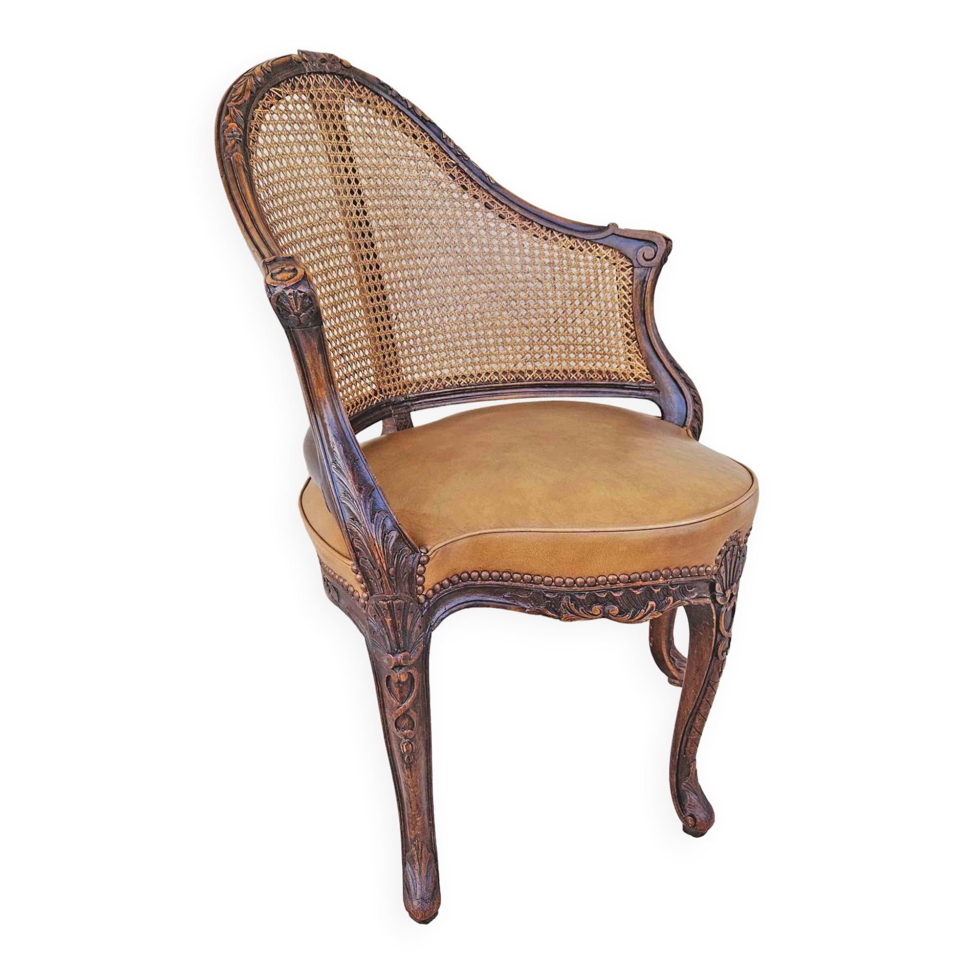 Louis xv office armchair, carved, cane, leather trimmed