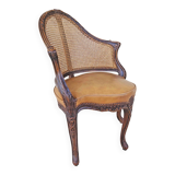 Fauteuil de bureau louis xv, sculpté, canné, garni cuir