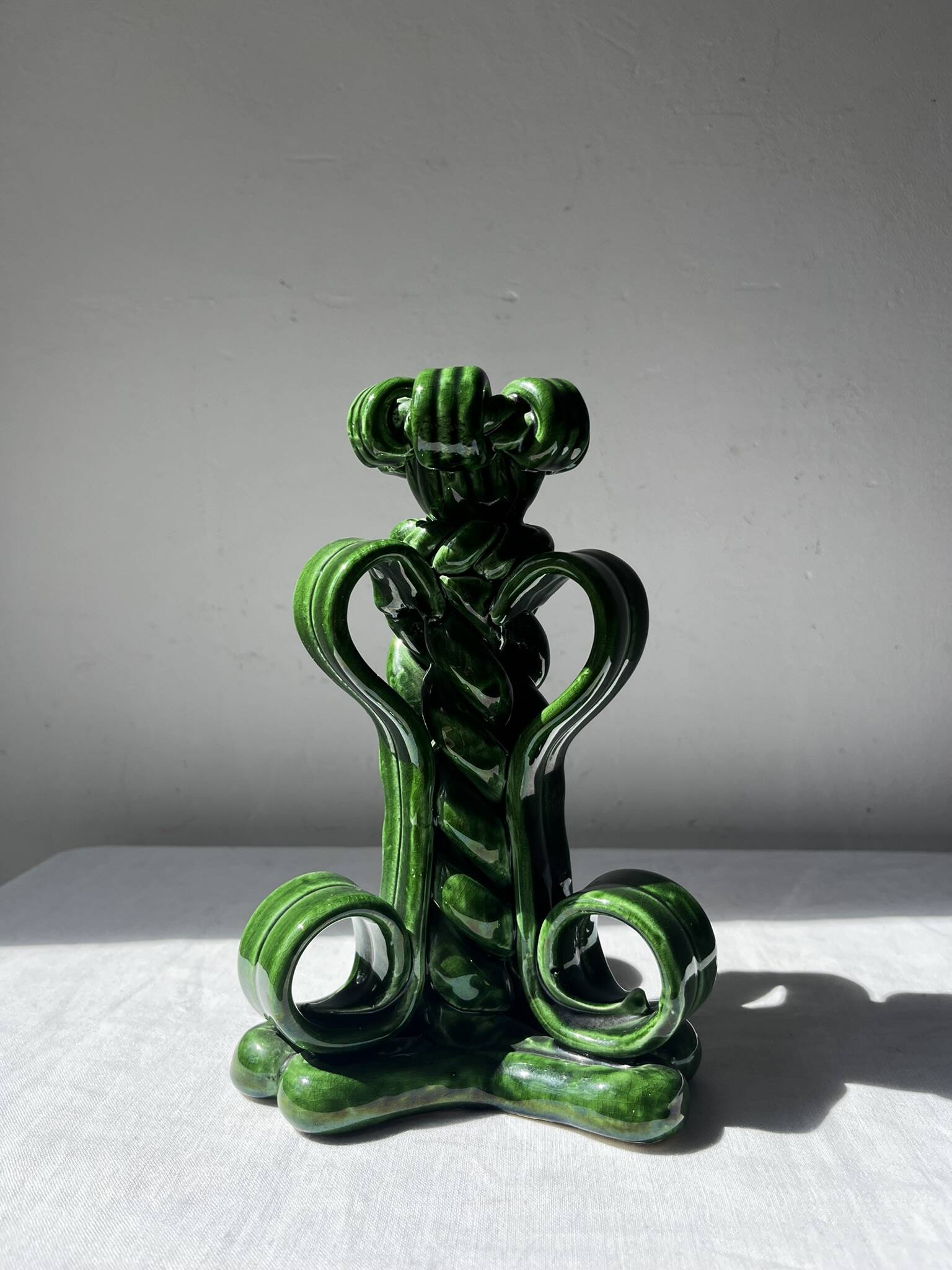Lot of woven ceramic candle holders in green Vallauris.