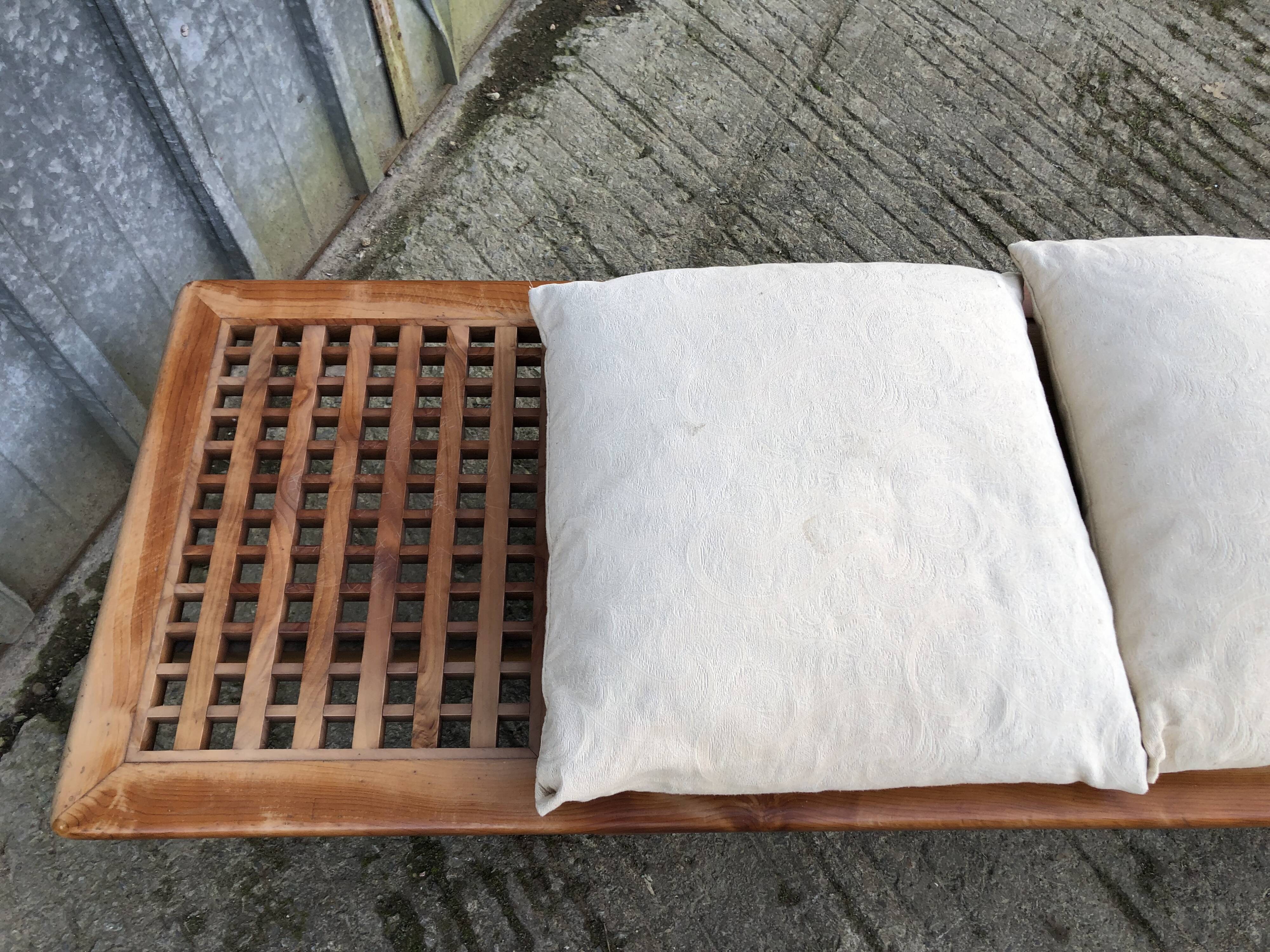 Vintage Yew Wood Bench with 3 Cushions