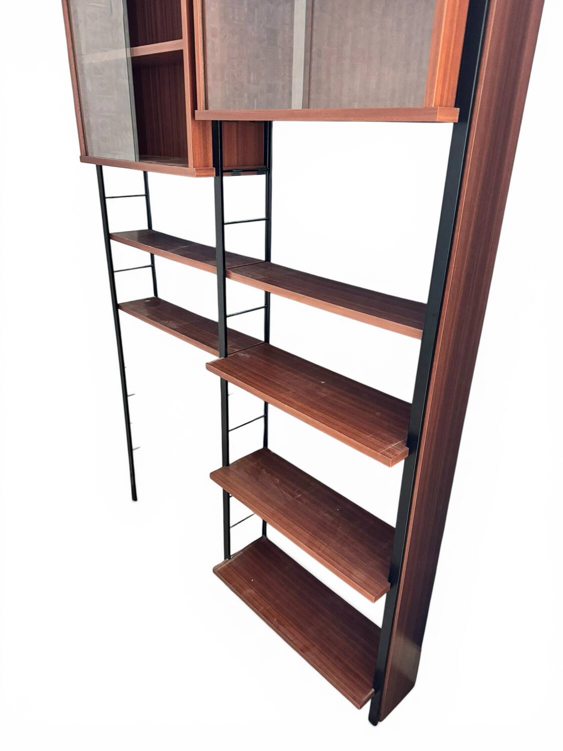 Scandinavian modular library shelves - lacquered mahogany metal 1970