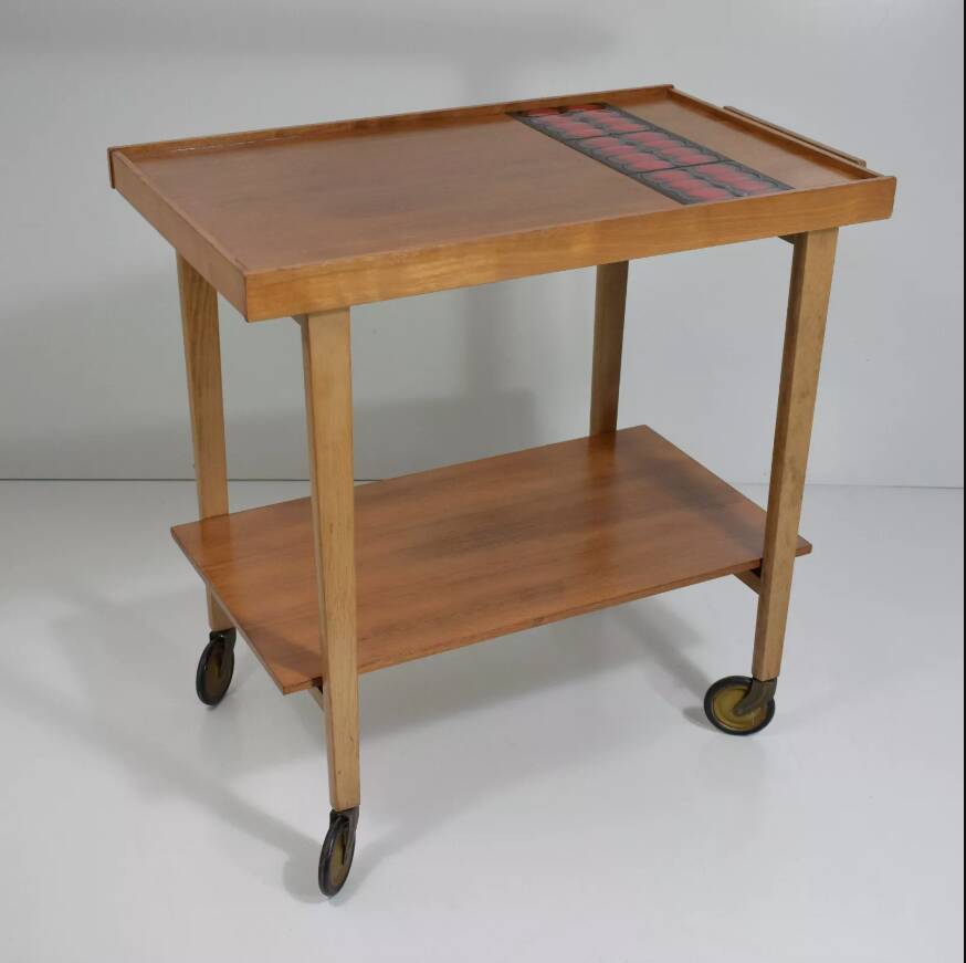 Vintage rolling bar or serving trolley, red ceramic, 1950s design