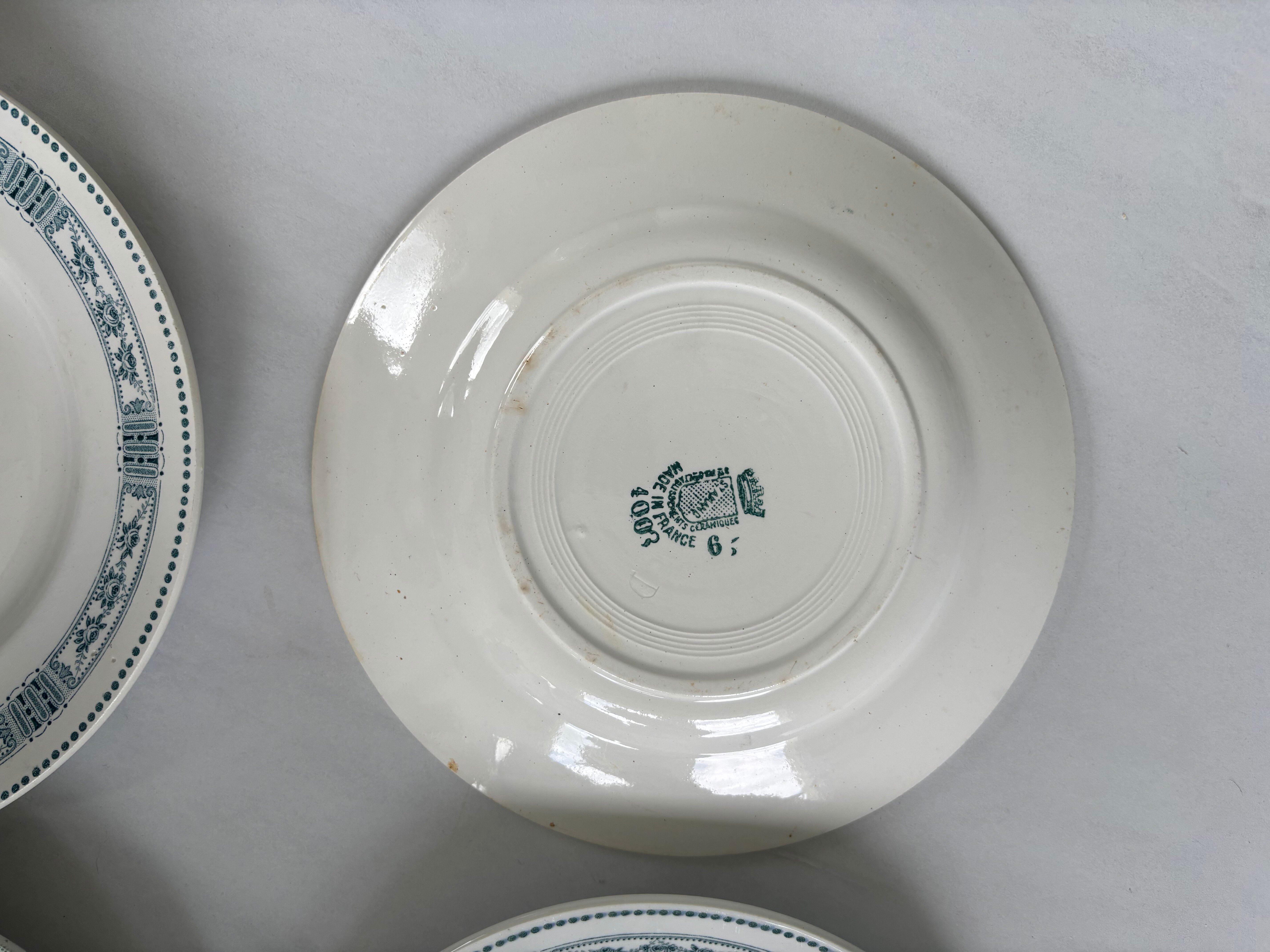 Lot 6 blue and green ironstone plates, antique French earthenware.