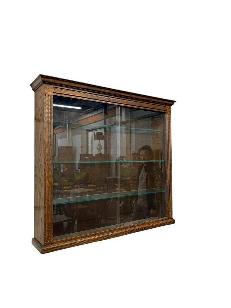 Vintage shallow wall display cabinet in wood / shelf