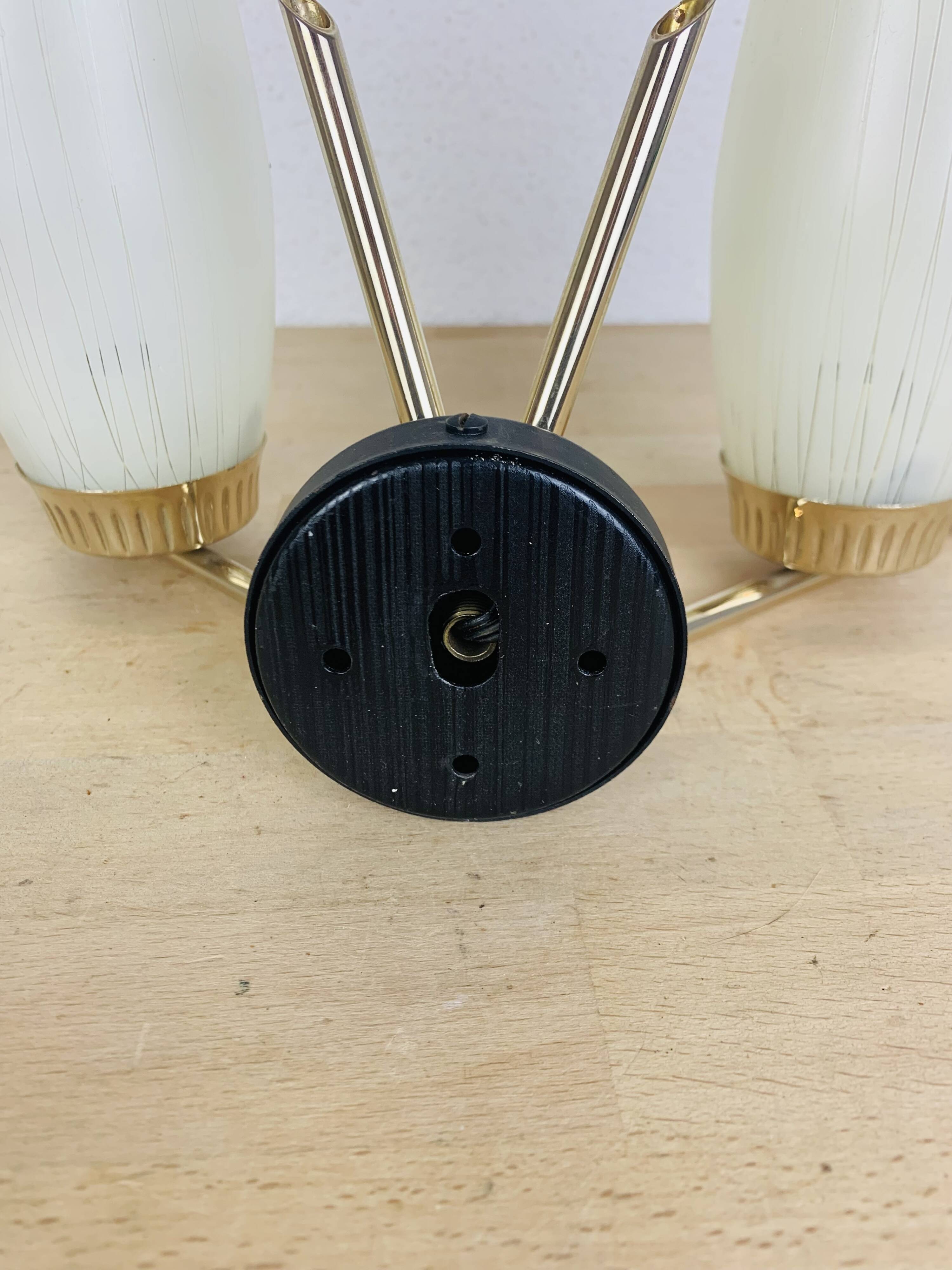50s double-light wall light, brass and black metal, opaline tulips
