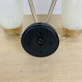 50s double-light wall light, brass and black metal, opaline tulips