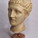 Bust of Hermes in patinated plaster on brown marble base, 34 cm