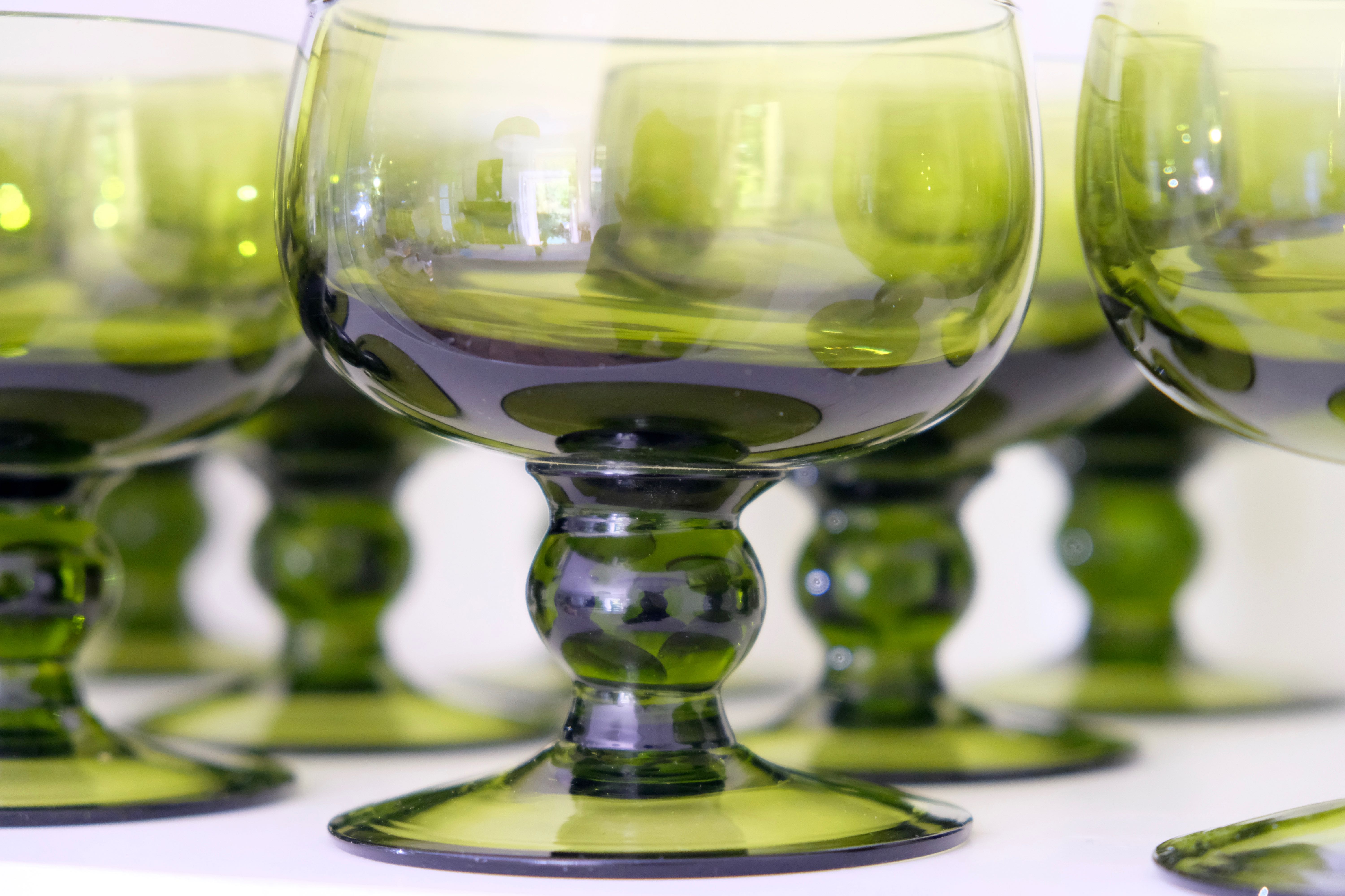 Set of 12 olive green wine glasses, mouth soufflé from the 50s