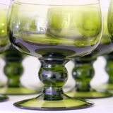 Set of 12 olive green wine glasses, mouth soufflé from the 50s