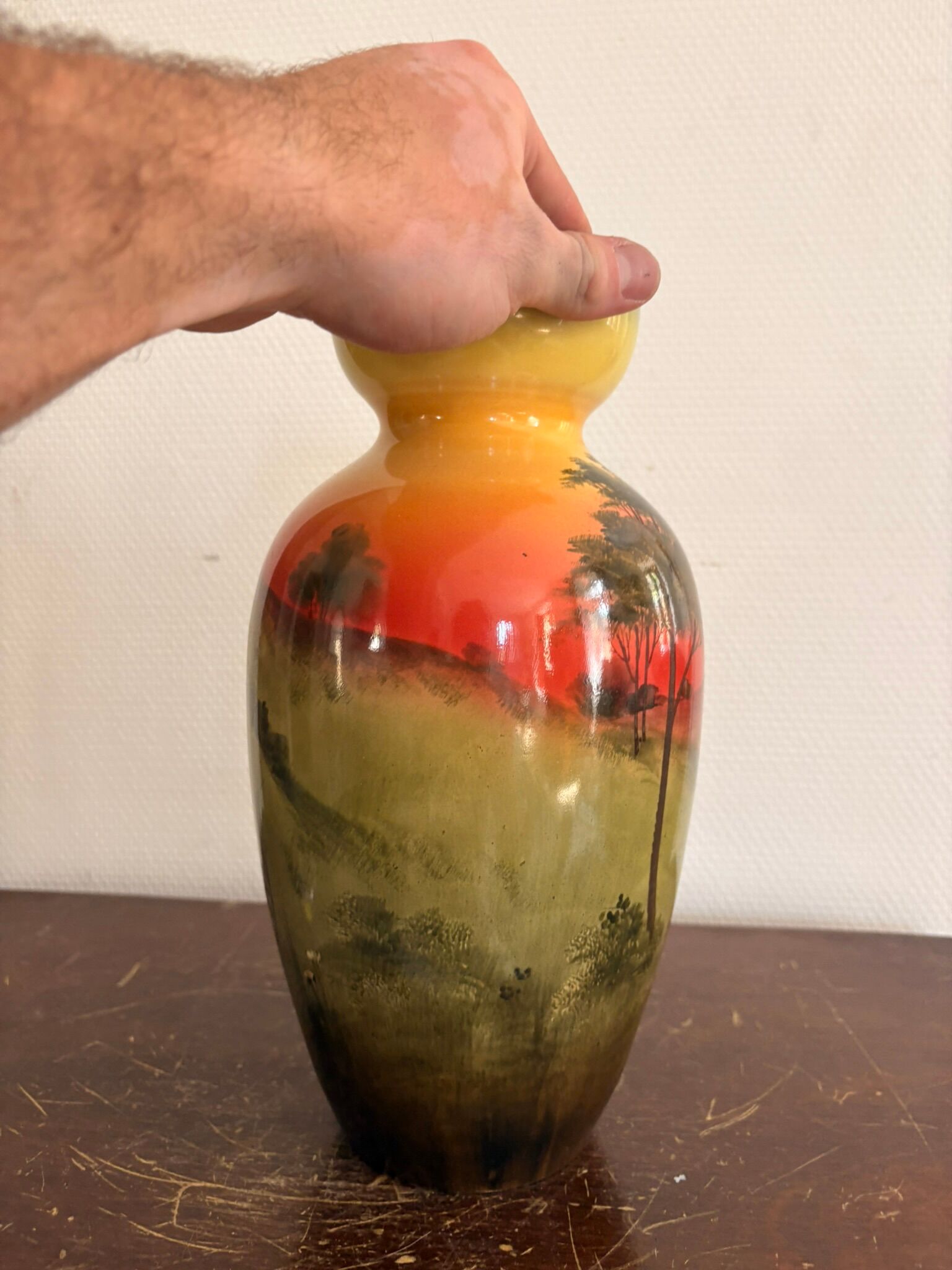 Antique English Vase Soleilian SF&Co 1910 Earthenware Decor Horses Ploughman