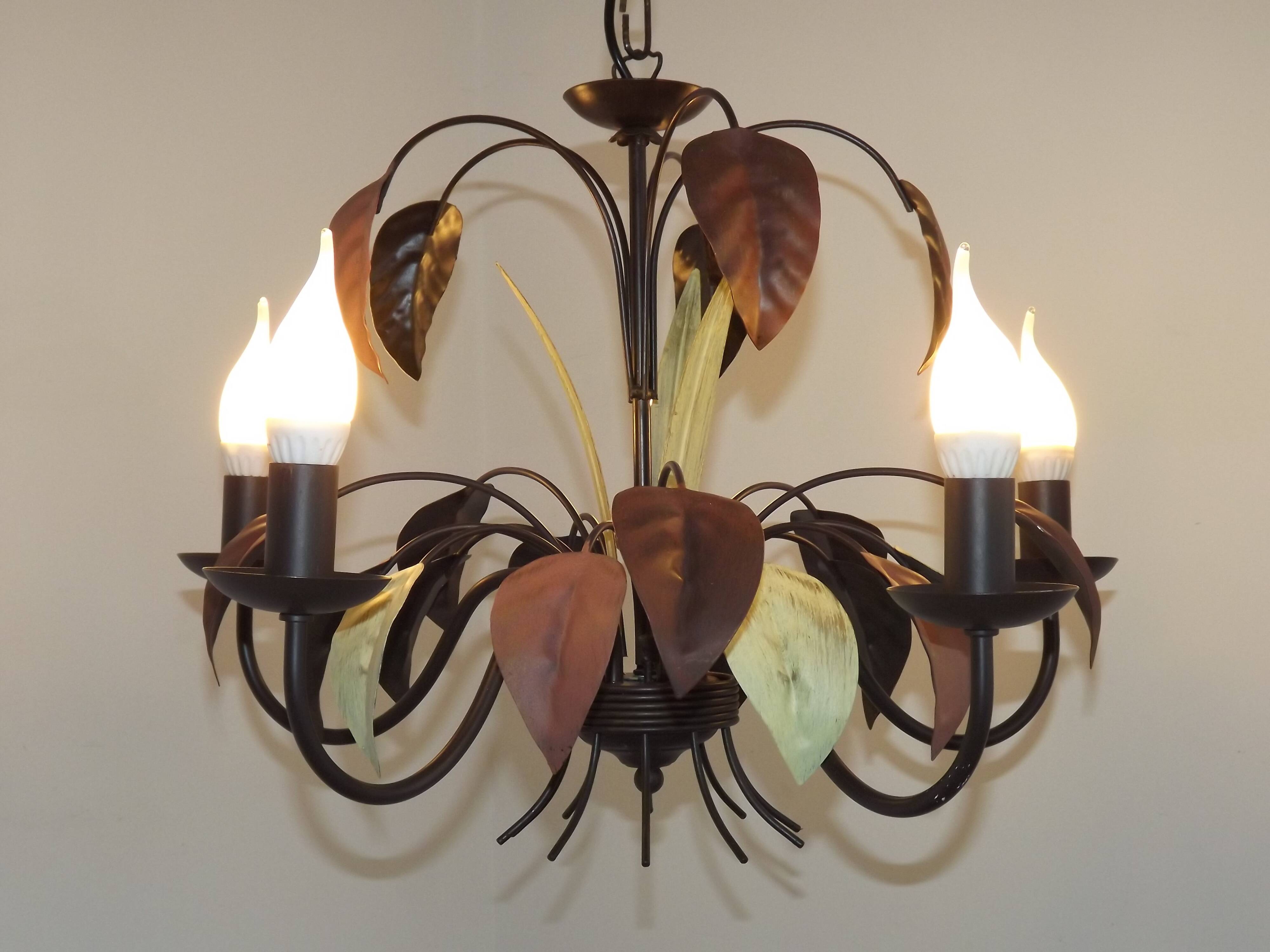 French Vintage 5 Light Brown & Green Tied Boquet Leaf Chandelier