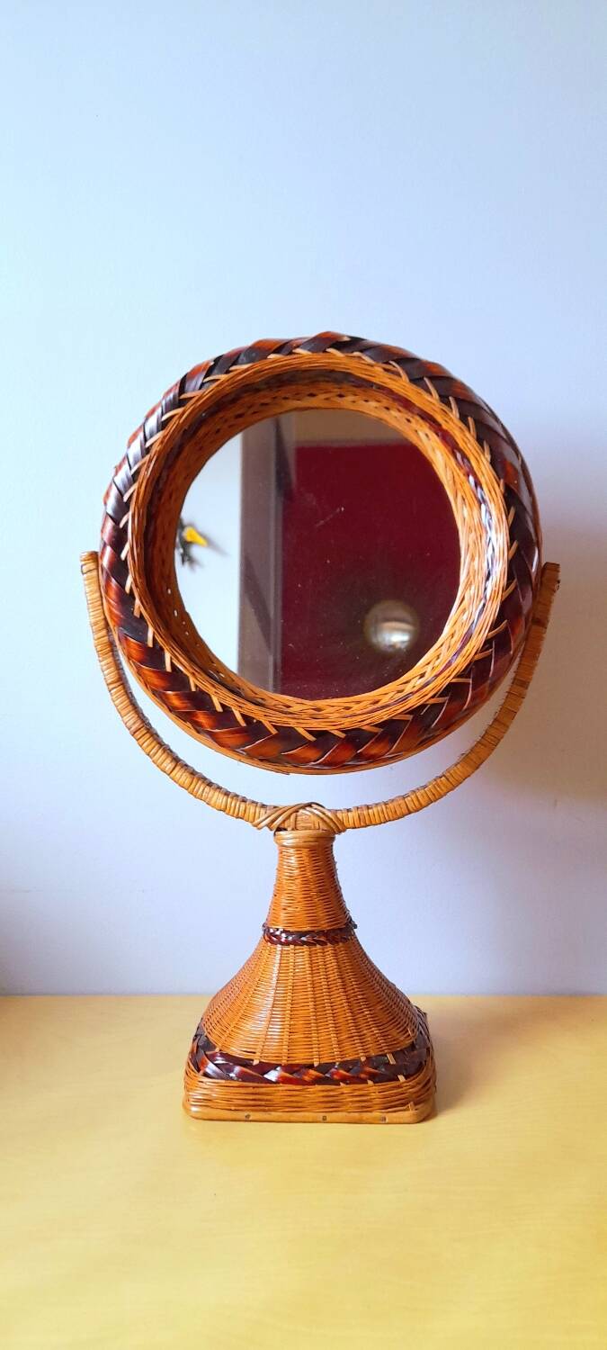 Woven wicker standing mirror