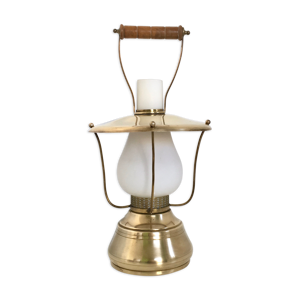 lampe de table en laiton et lanterne en verre encastré, années 1950