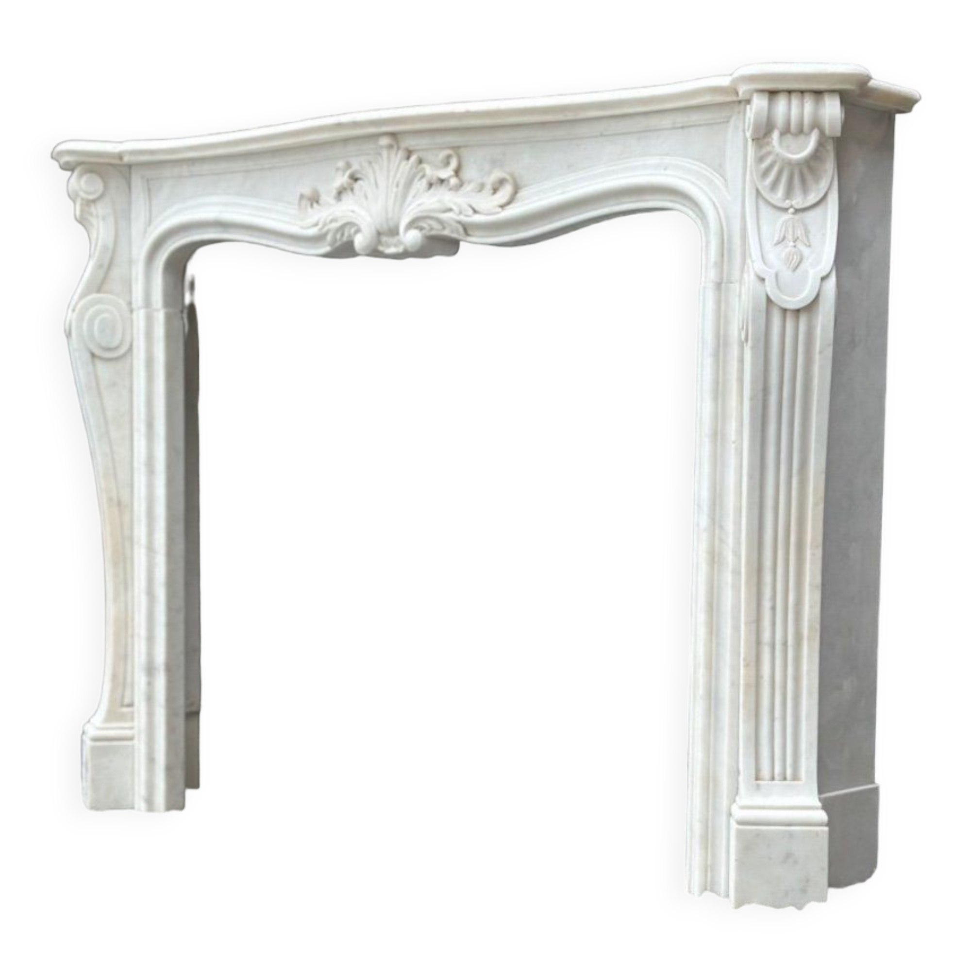 Louis XV style fireplace in white Carrara marble circa 1980