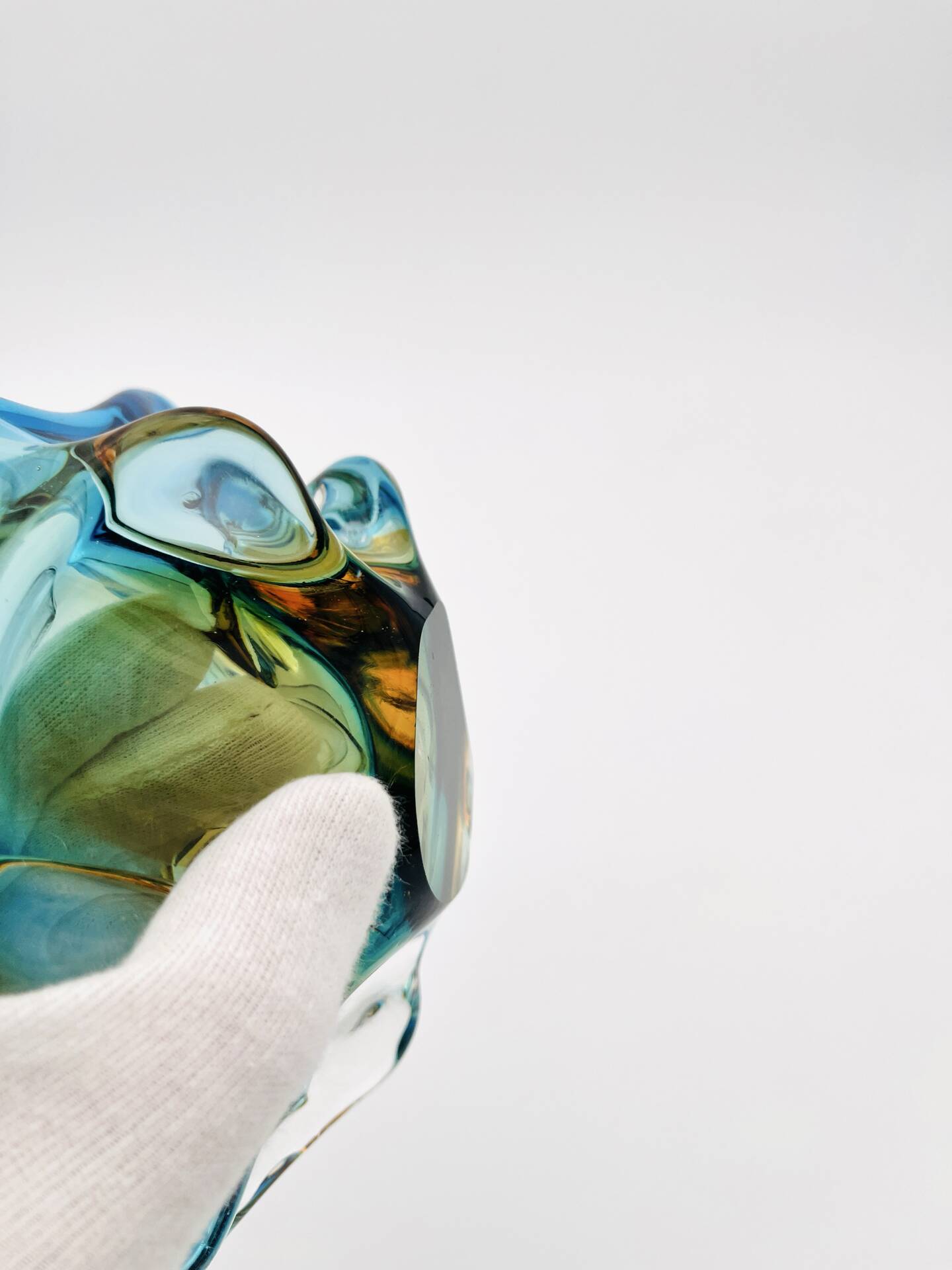Murano Sommerso Blue Amber Sculpture Bowl 23cm