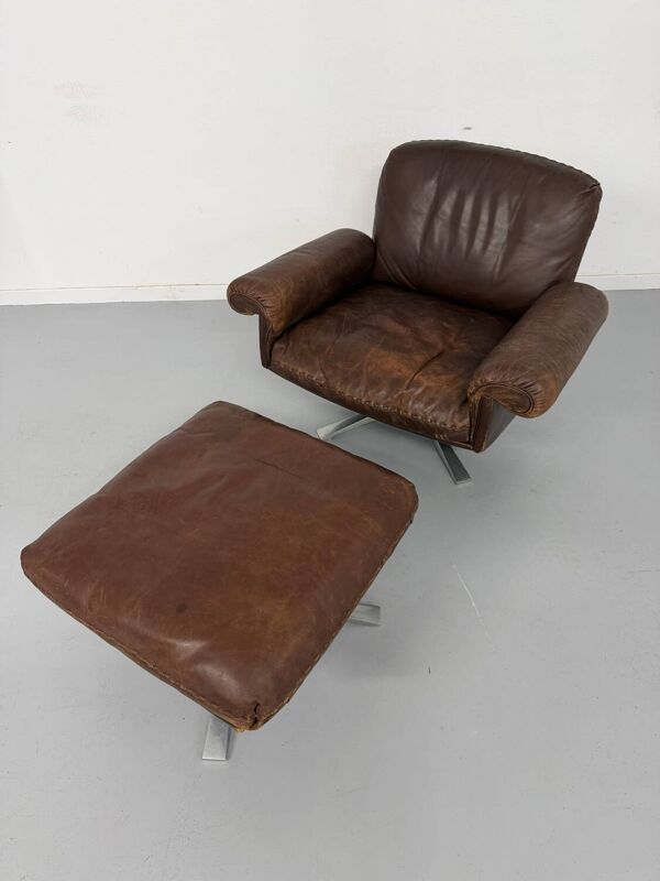 Fauteuil, ottoman en cuir brun design DE SEDE DS-31, années 1970
