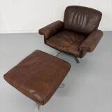 Vintage 70s brown leather ottoman chair design DE SEDE DS-31