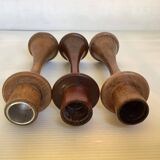 Trio of Scandinavian tulip-shaped wooden candlesticks