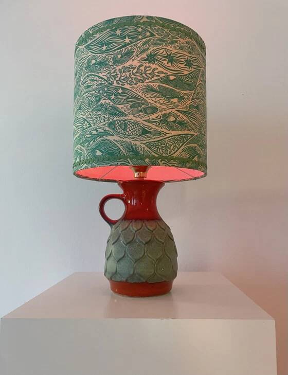 Wireless Jasba table lamp - West German pottery with fish decor | 41 cm