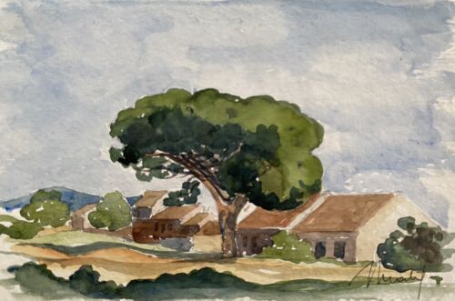 Watercolor painting "the wooded village" by jean-francois devaliere (1926-2021)