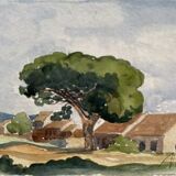 Watercolor painting "the wooded village" by jean-francois devaliere (1926-2021)