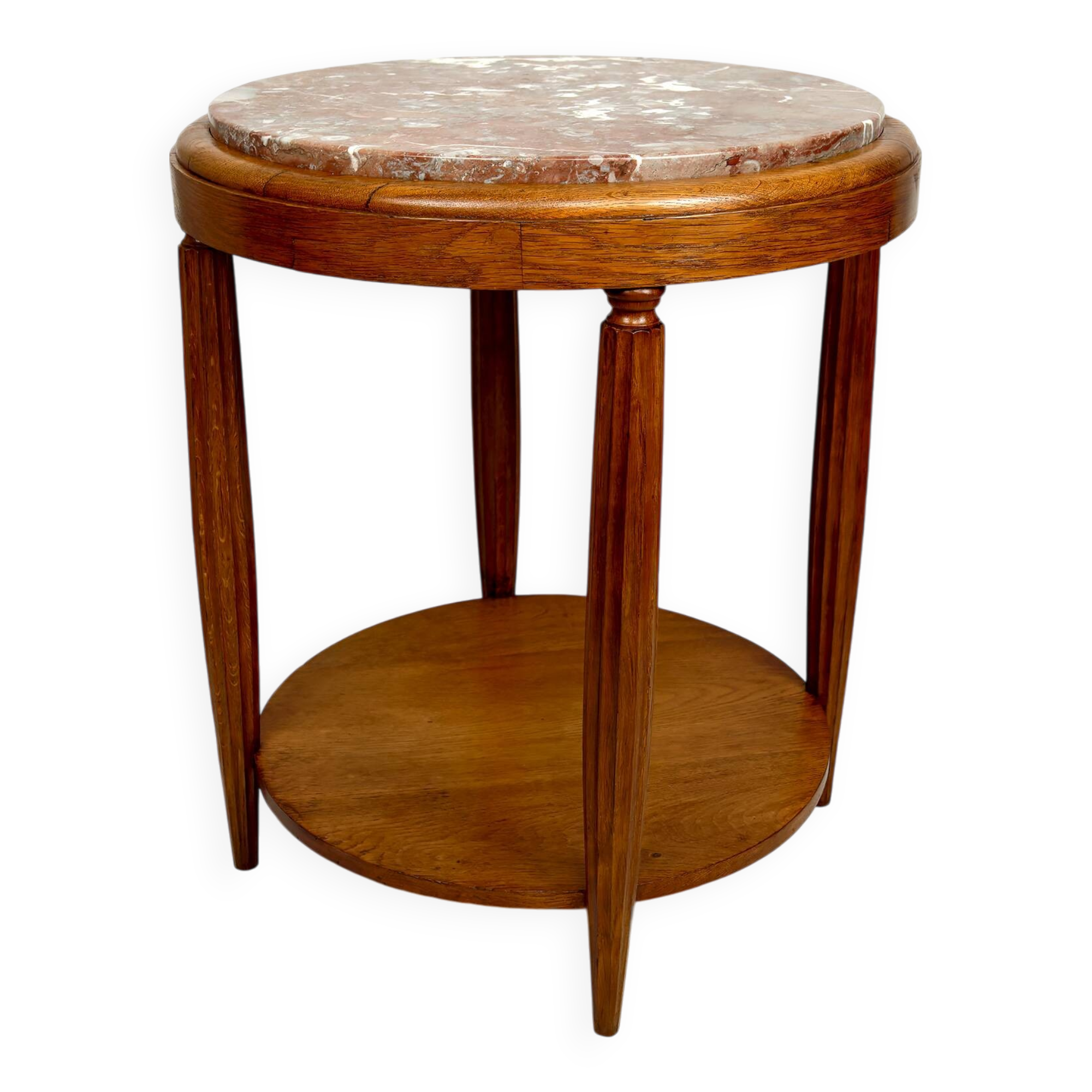 Pedestal Table, Side Table in Solid Oak & Griotte Marble Top