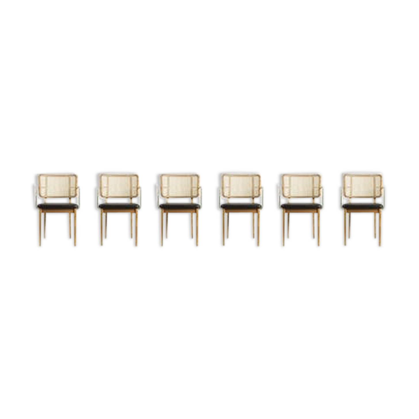 Lot of 6 light wood canning chairs, black leather with armrests