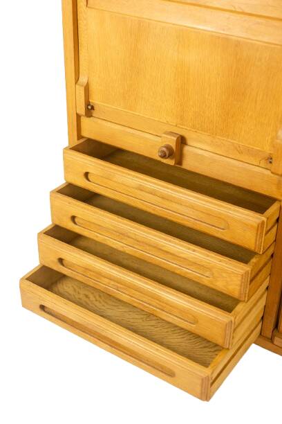 Guillerme and Chambron. Oak wardrobe with integrated secretary. 1970-80.