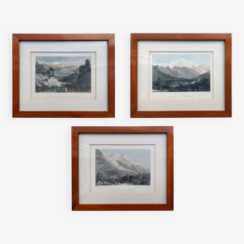 Suite de 3 gravures anciennes sur le Mont Blanc