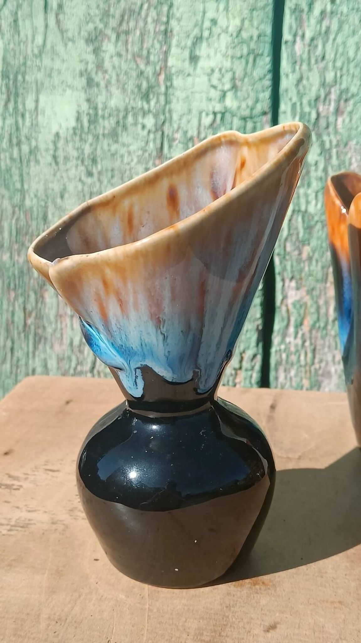"Pair of vintage glazed ceramic vases – blue flamed glaze – ann"