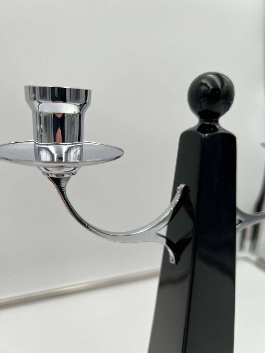 Art Deco Candlesticks in Black Lacquer, Oak & Nickel, Netherlands, 1930s, Set of 2