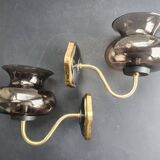 Pair of antique gold-plated brass and smoked glass wall lights.