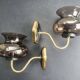 Pair of antique gold-plated brass and smoked glass wall lights.